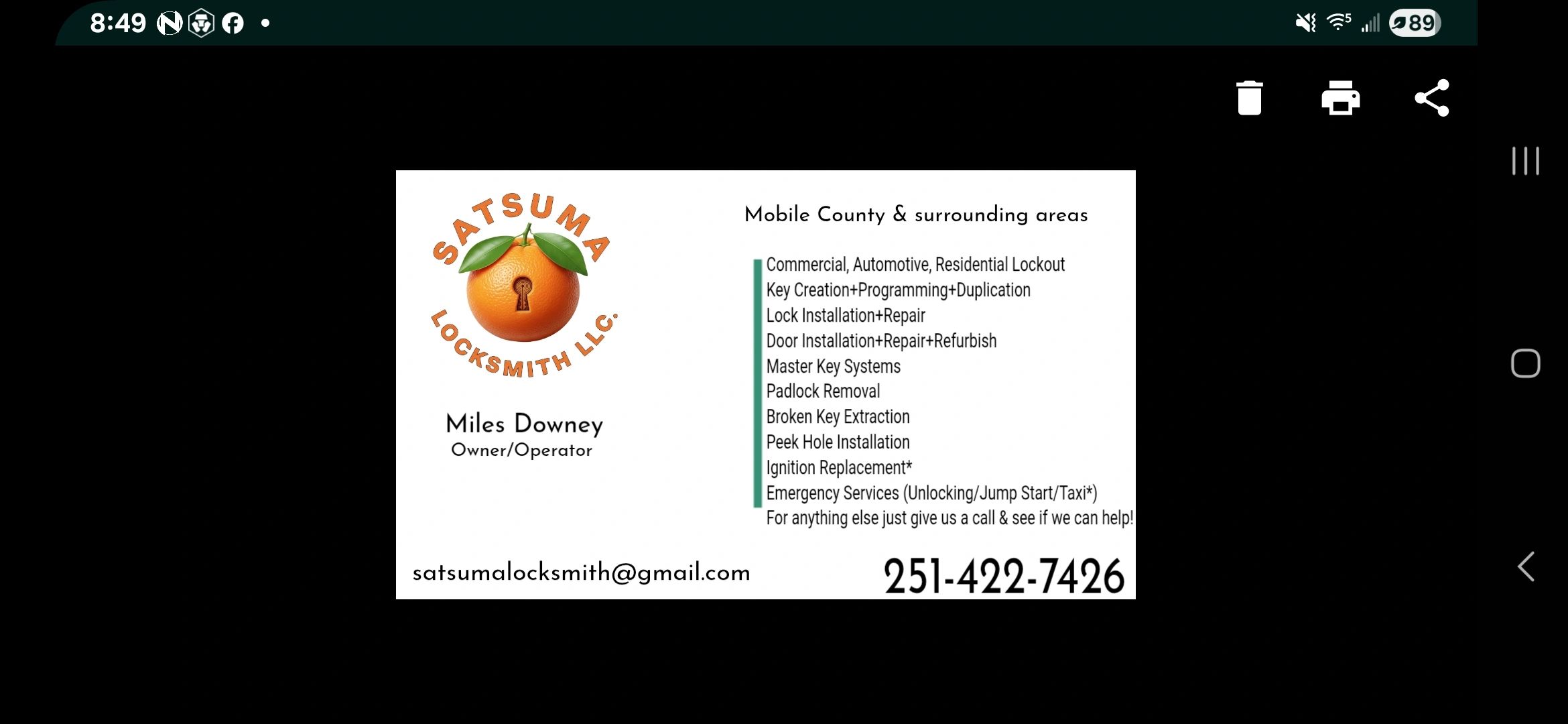 Satsuma Locksmith LLC business card — Miles Downey, Owner/Operator, Mobile County